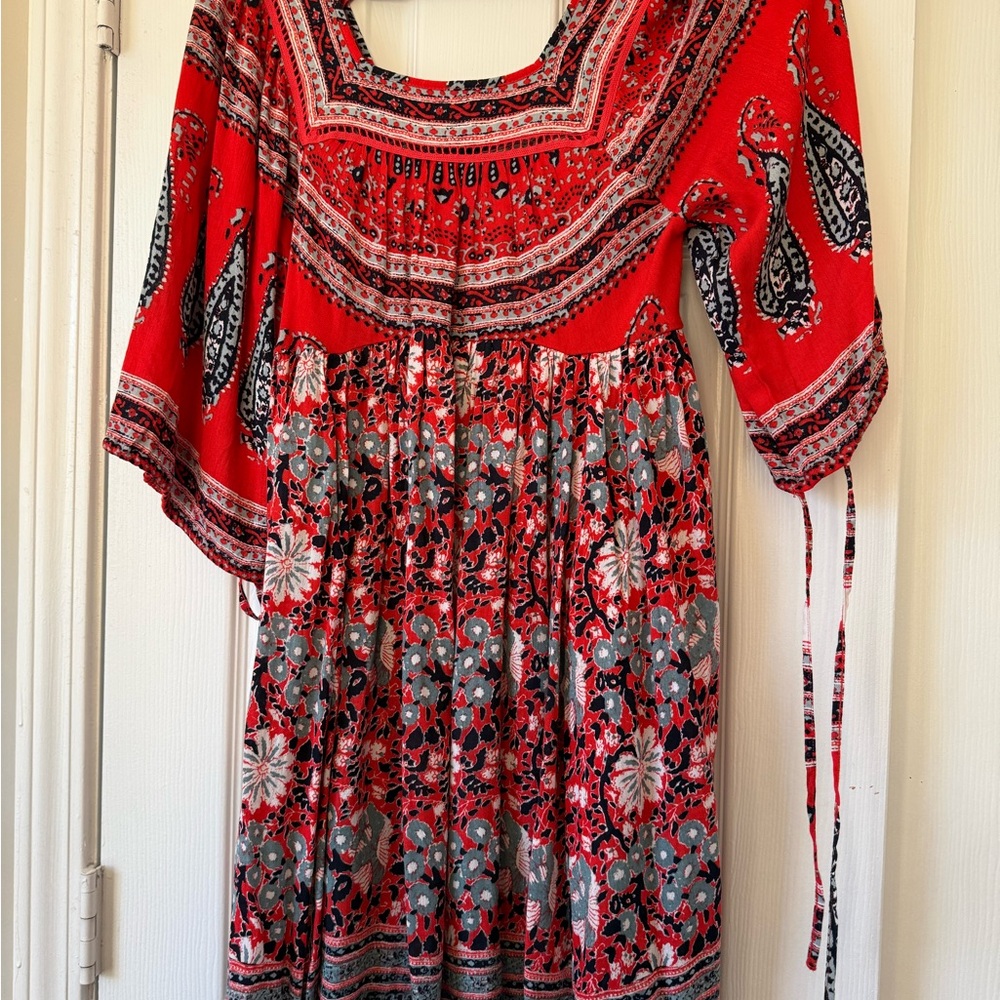 Free People Red and Gold Embellished Sundress with Scoop Neck